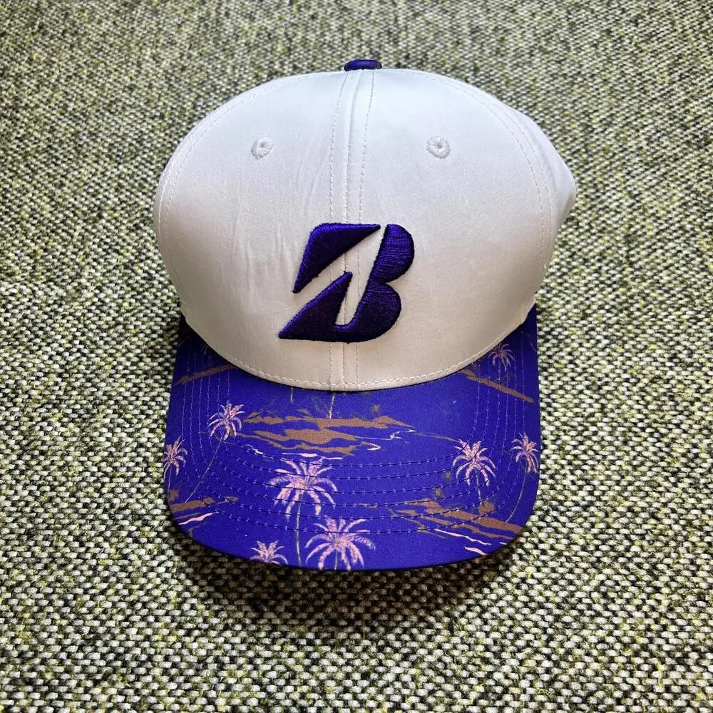 Bridgestone Golf White Hat Purple Tropical Palm‎ Tree Brim Snapback B Logo